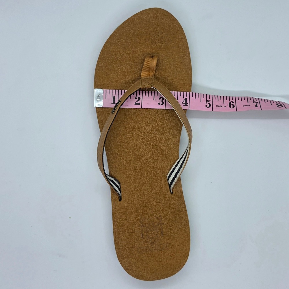 KuaiLu Tan Brown Flip Flop Sandals Striped Strap Thong Beach Shoes Womens 10.5in - Picture 4 of 11